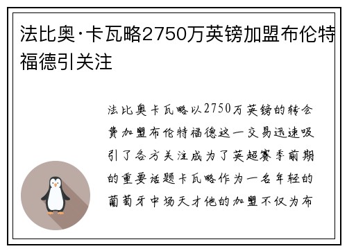 法比奥·卡瓦略2750万英镑加盟布伦特福德引关注